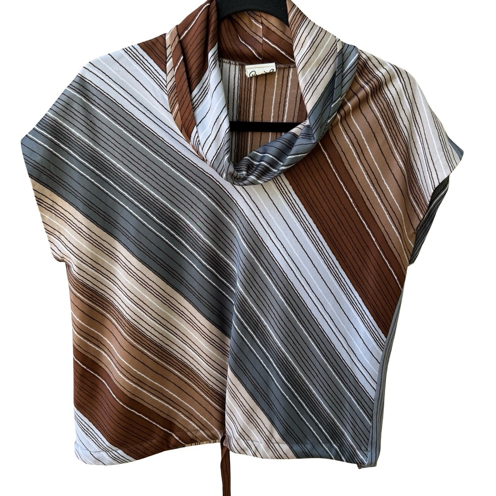 Rhoda‎ Lee Vintage 70s Cowl Neck Mod Librarian Striped Blouse Brown Front Tie 12